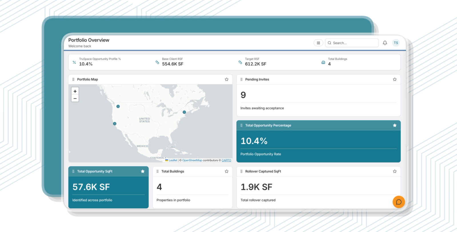 The released TruSpace Portfolio Overview dashboard: summary metrics, a portfolio map and a grid of widgets.