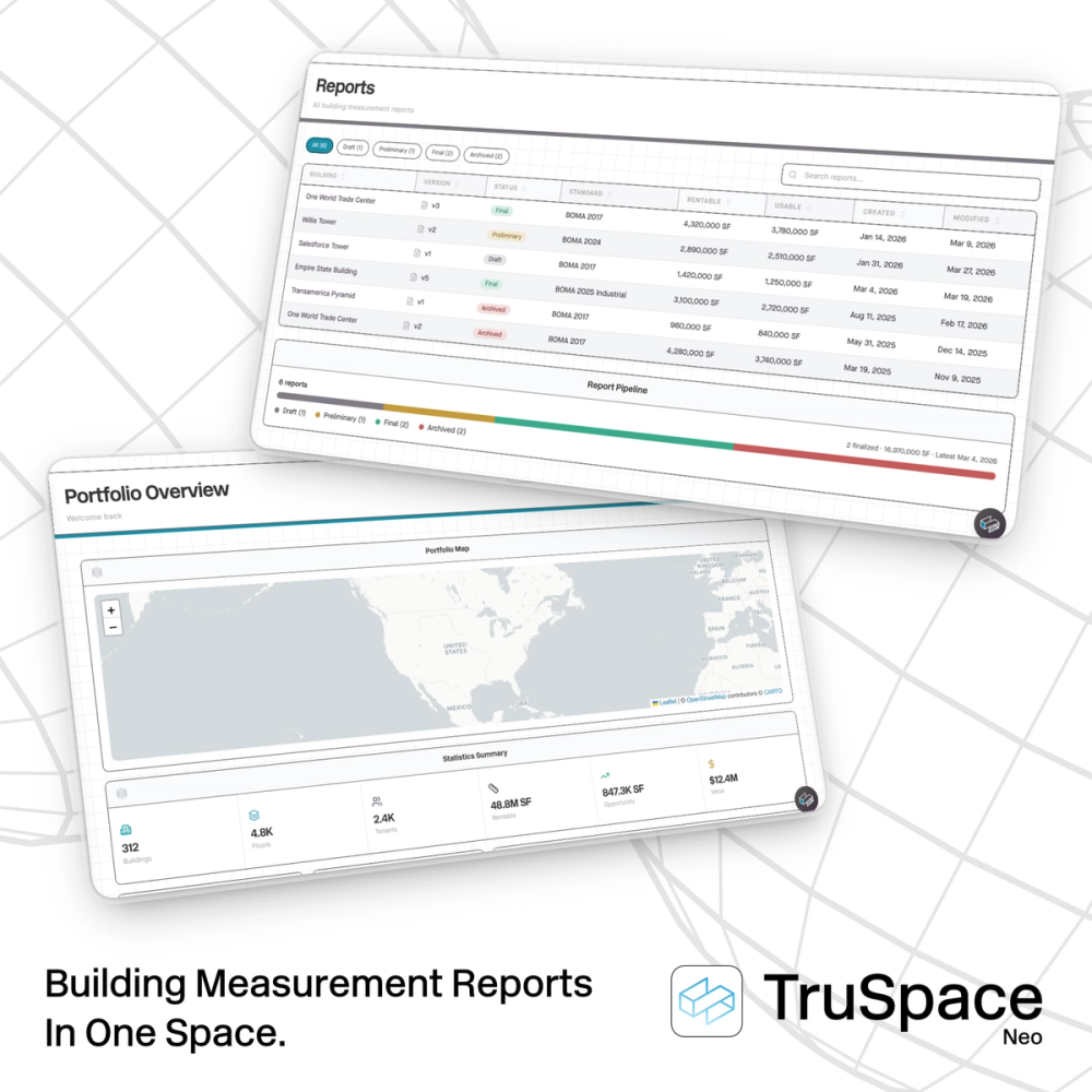 Conceptual campaign asset — never ran: the Reports and Portfolio Overview screens under the line “Building Measurement Reports In One Space.”