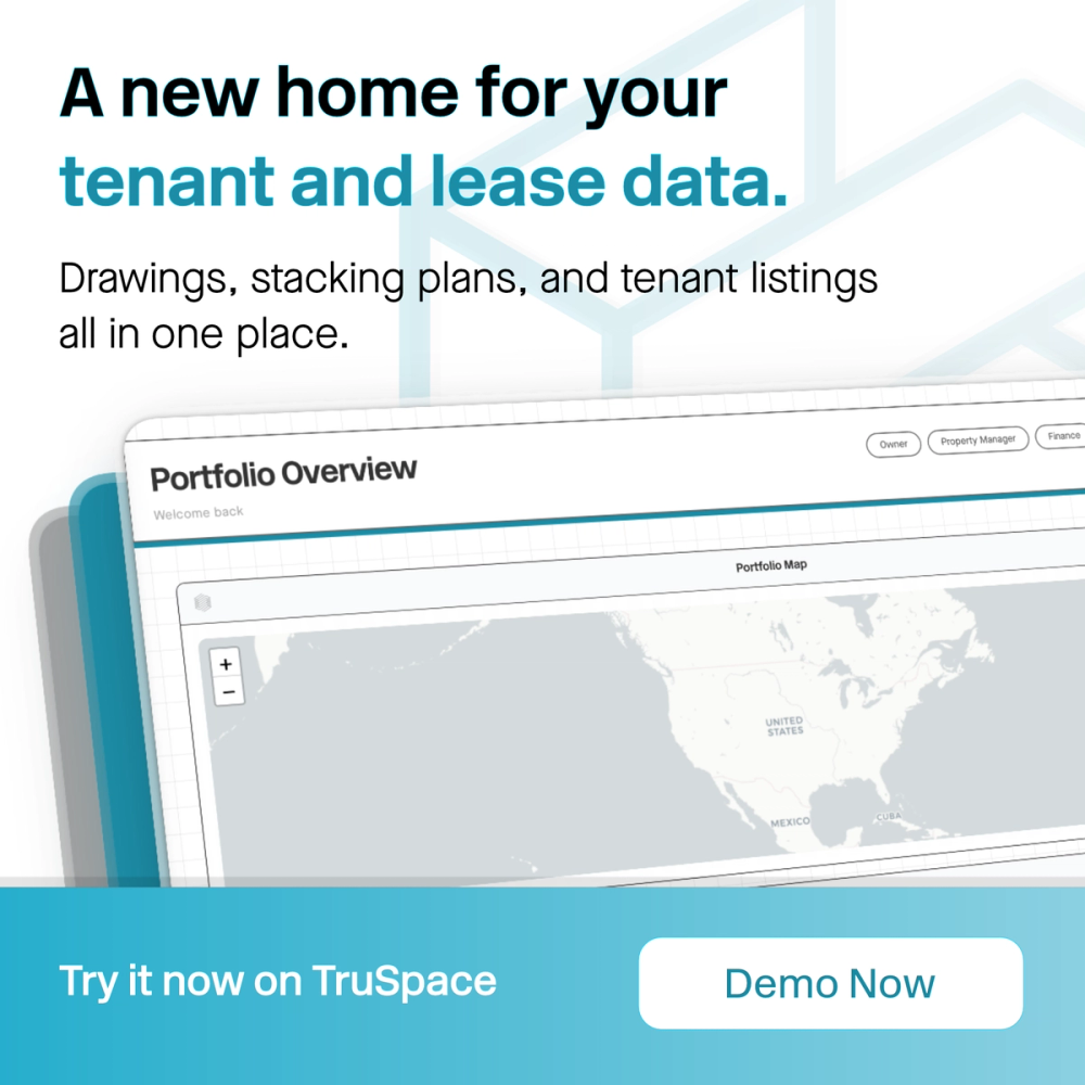 Conceptual campaign asset — never ran: “A new home for your tenant and lease data,” with a Demo Now call to action.