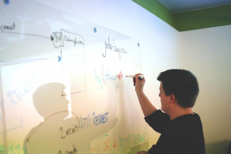 Writing a work plan on a glass board