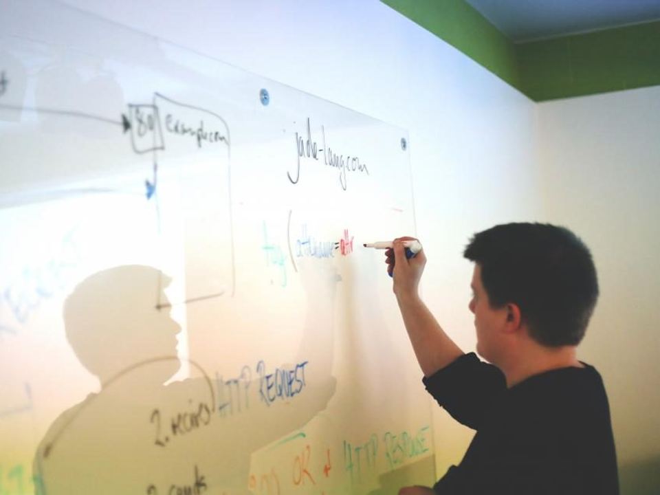 Writing a work plan on a glass board