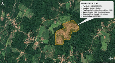 Satellite imagery of a forested cocoa-belt landscape with one plot outlined in amber, marking a deforestation flag for EUDR review.