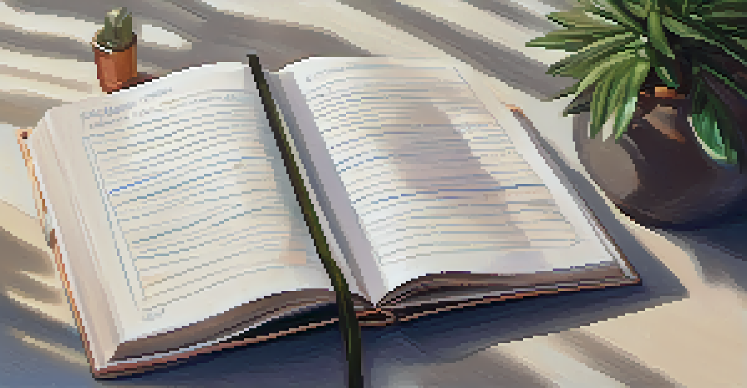 A journal with reflections on self-compassion and yoga, placed on a yoga mat with a water bottle and a plant.