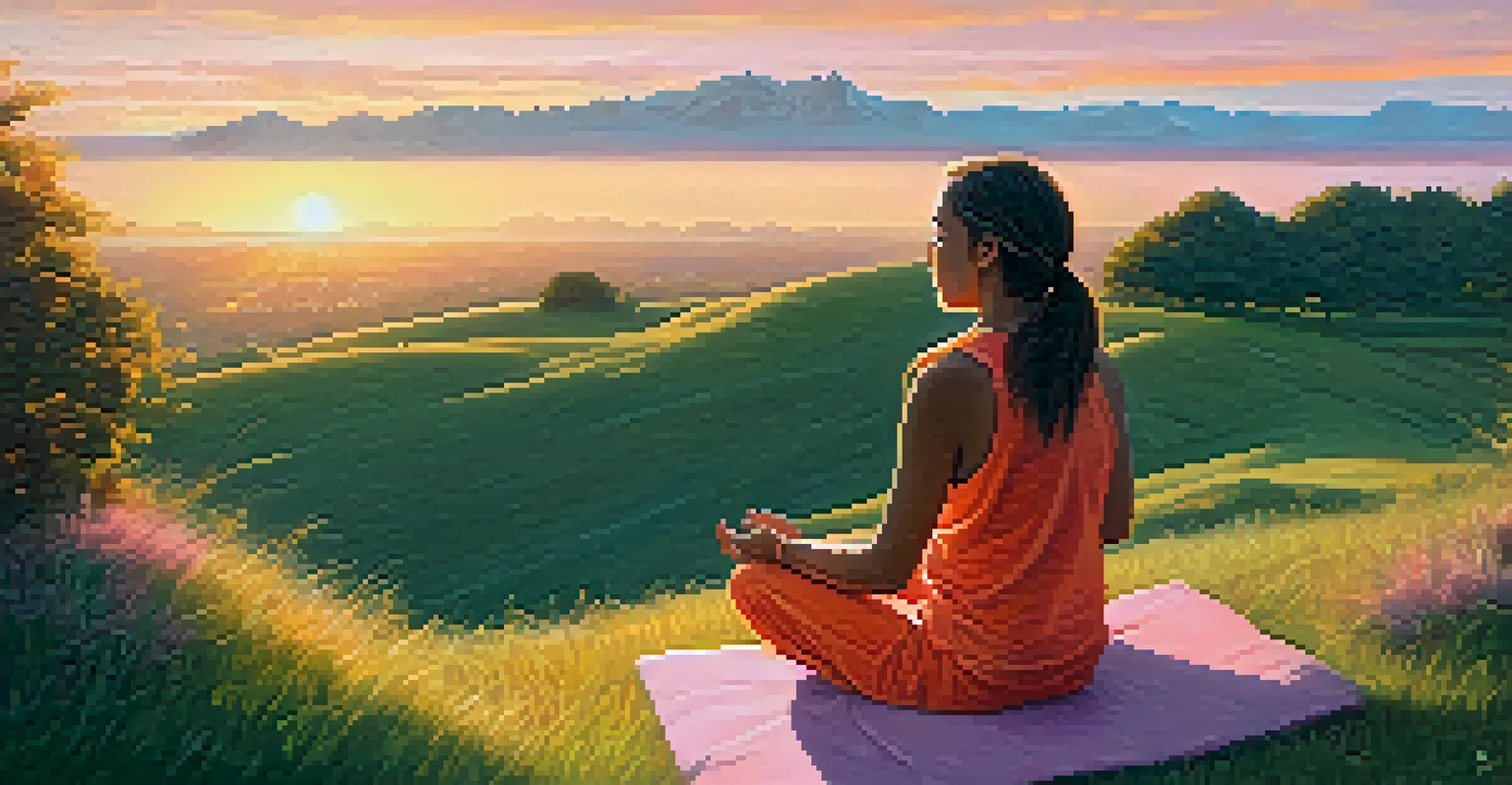 A person meditating on a grassy hilltop during sunset, with warm colors in the sky and a serene natural background.