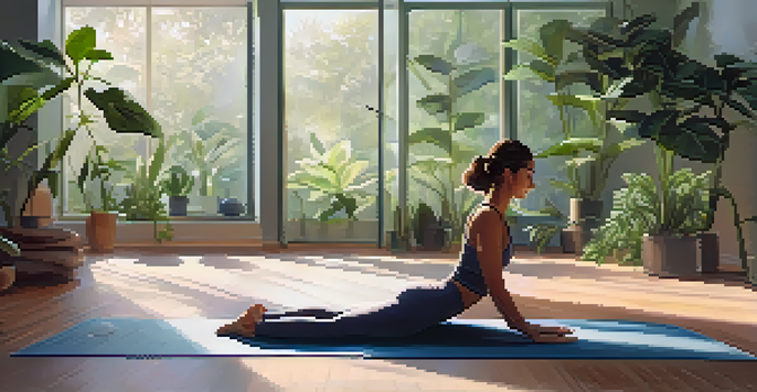 A peaceful yoga studio with a person resting on a yoga mat, surrounded by plants and soft lighting, creating a tranquil atmosphere.