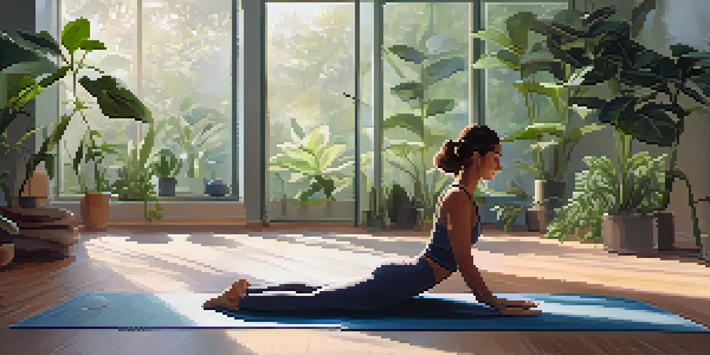 A peaceful yoga studio with a person resting on a yoga mat, surrounded by plants and soft lighting, creating a tranquil atmosphere.