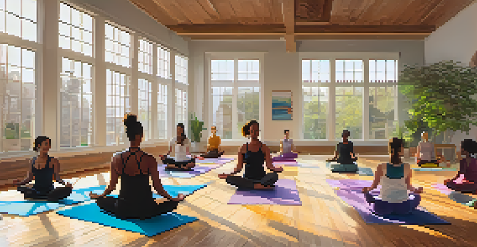 A diverse group of people practicing yoga together in a sunlit studio, creating a sense of community.