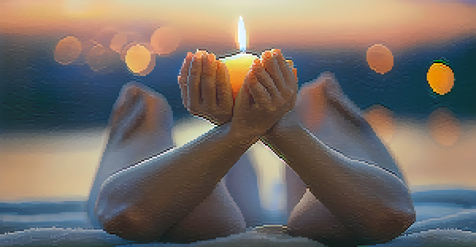 Close-up of a person's hands in a meditative pose with warm candlelight in the background.