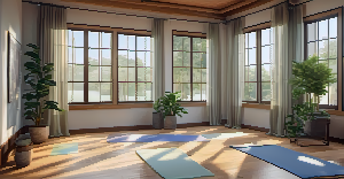 A tranquil yoga studio filled with natural light, wooden floors, and potted plants, creating a peaceful atmosphere for practice.