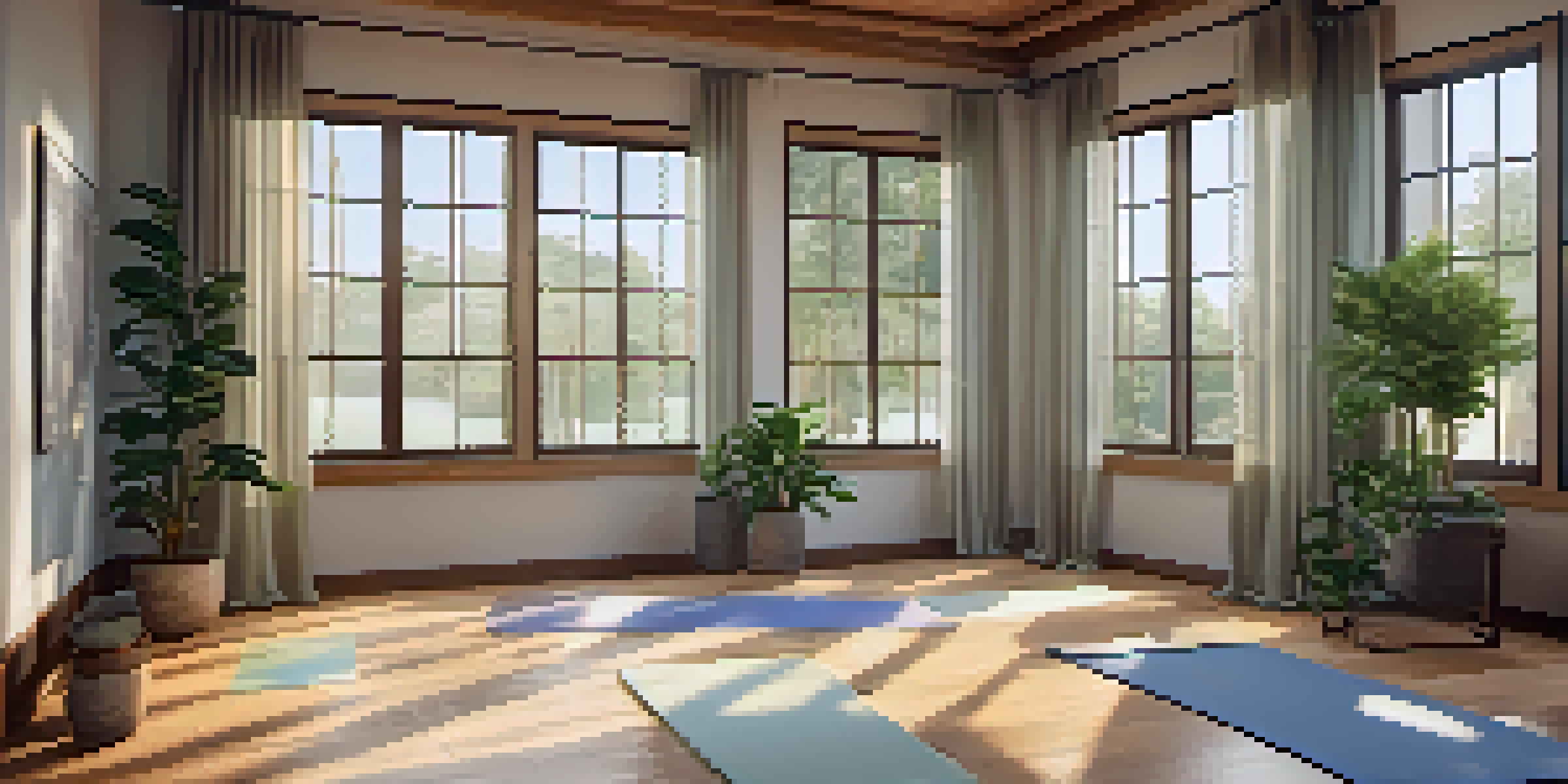 A tranquil yoga studio filled with natural light, wooden floors, and potted plants, creating a peaceful atmosphere for practice.
