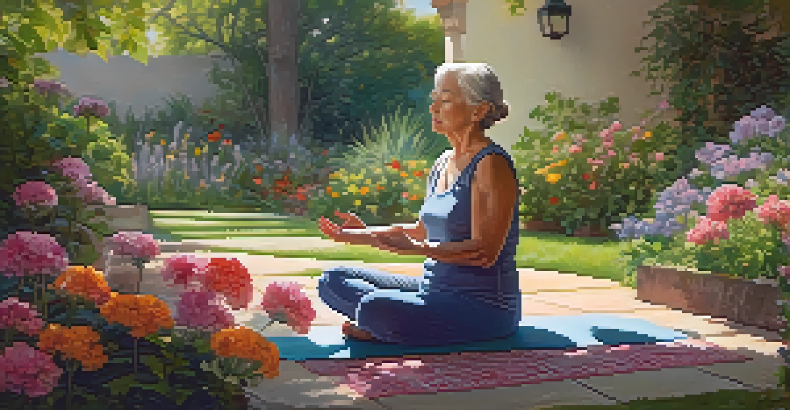 An elderly woman practicing breathwork in a garden filled with colorful flowers, seated on a yoga mat, looking peaceful.