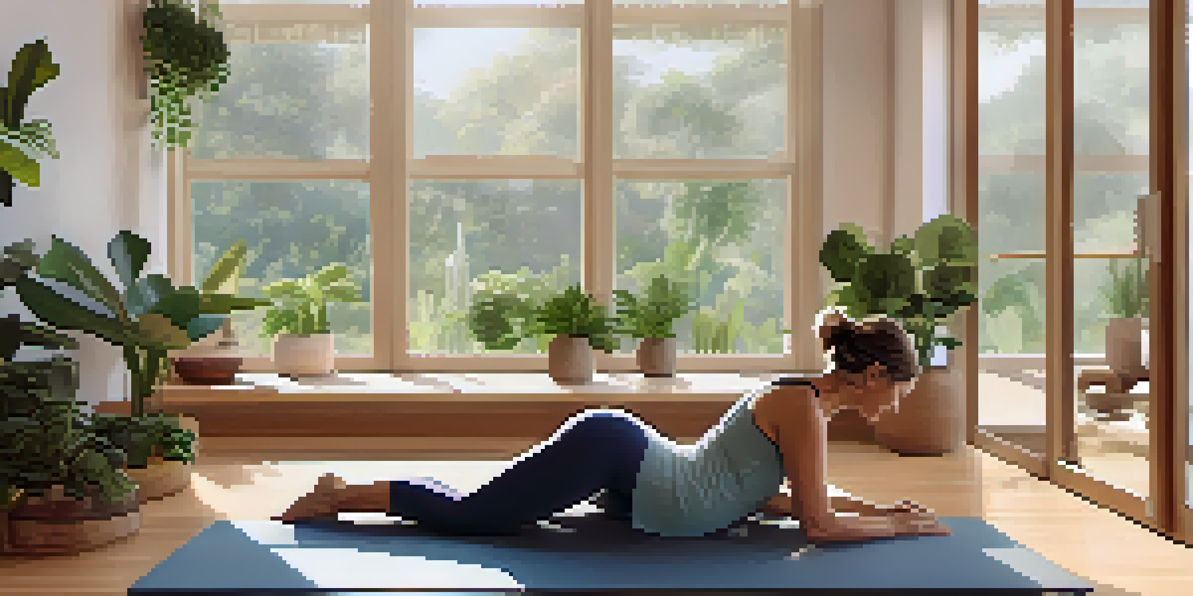 A senior woman practicing yoga in a well-lit studio, using a bolster for support amidst yoga props.