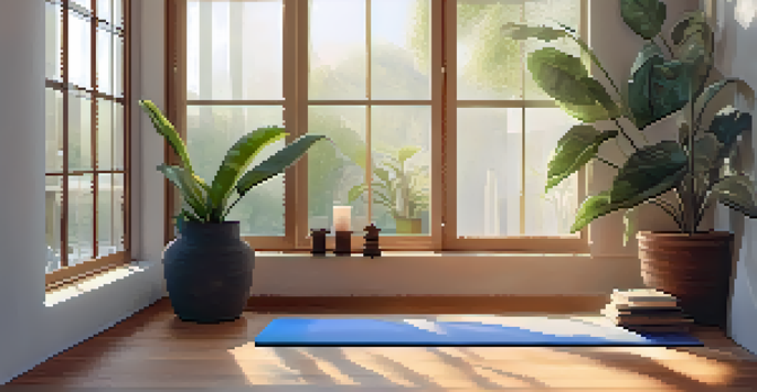 A peaceful morning yoga space with a yoga mat, plants, candles, and natural light.