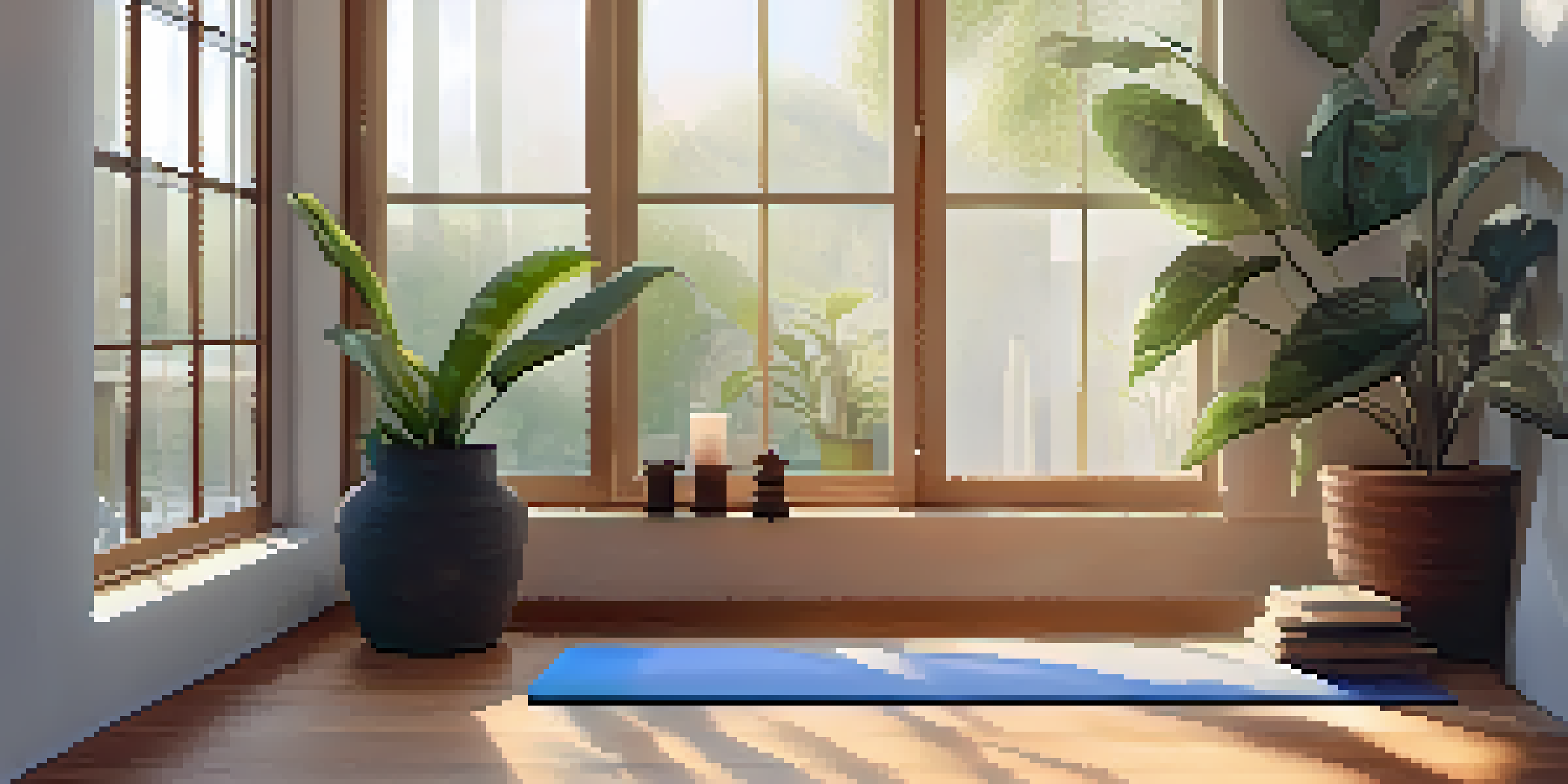 A peaceful morning yoga space with a yoga mat, plants, candles, and natural light.