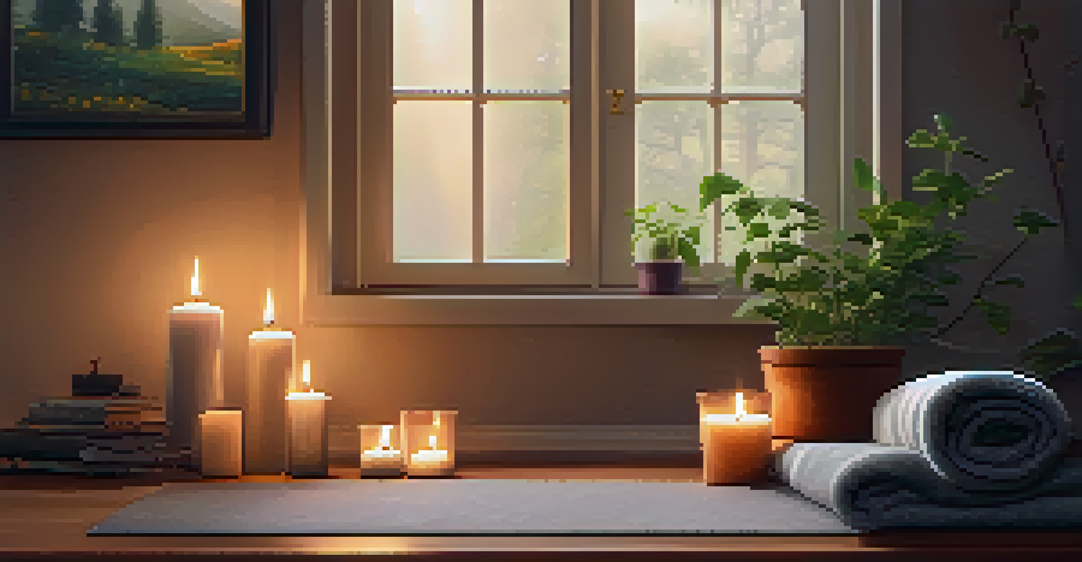 A cozy home setting with a yoga mat, candles, a blanket, and a cup of tea, promoting a sense of relaxation and self-care.