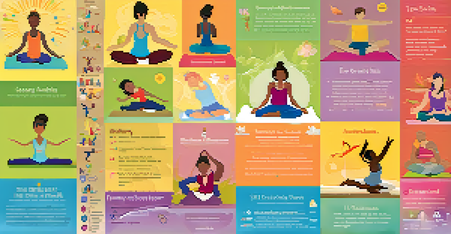 A colorful yoga curriculum poster featuring yoga poses and mindfulness techniques for students of different ages.