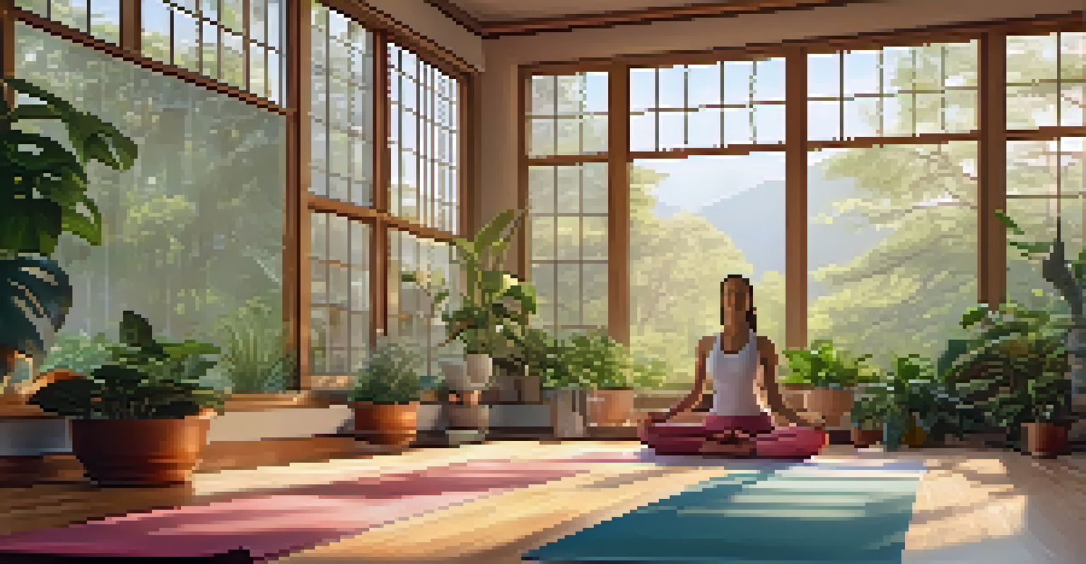 A peaceful yoga studio illuminated by morning light, with yoga mats and a practitioner meditating in the center.
