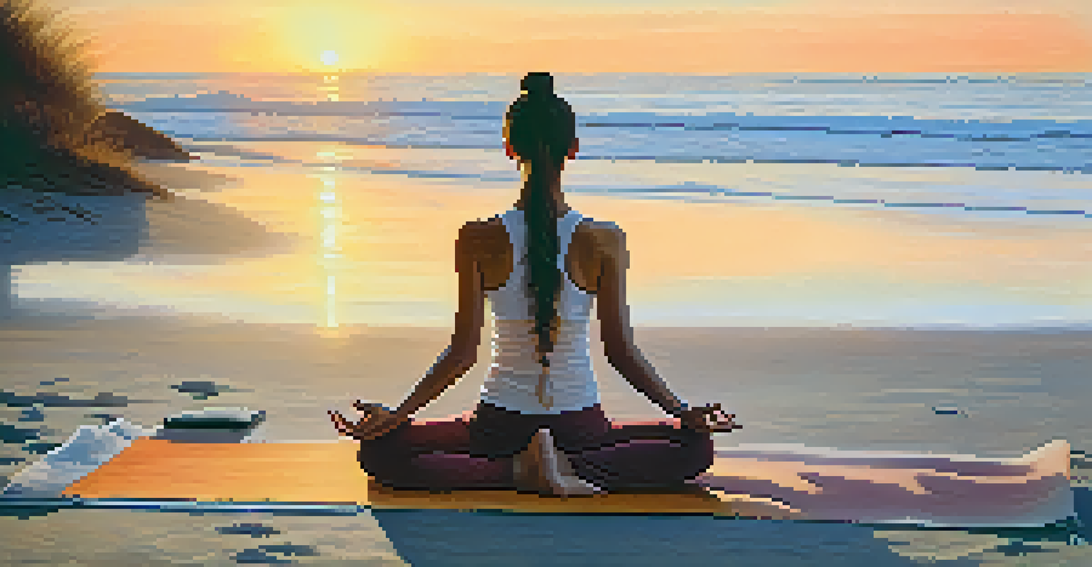 A person practicing yoga on a beach at sunrise, with a lightweight mat under them and gentle waves in the background.