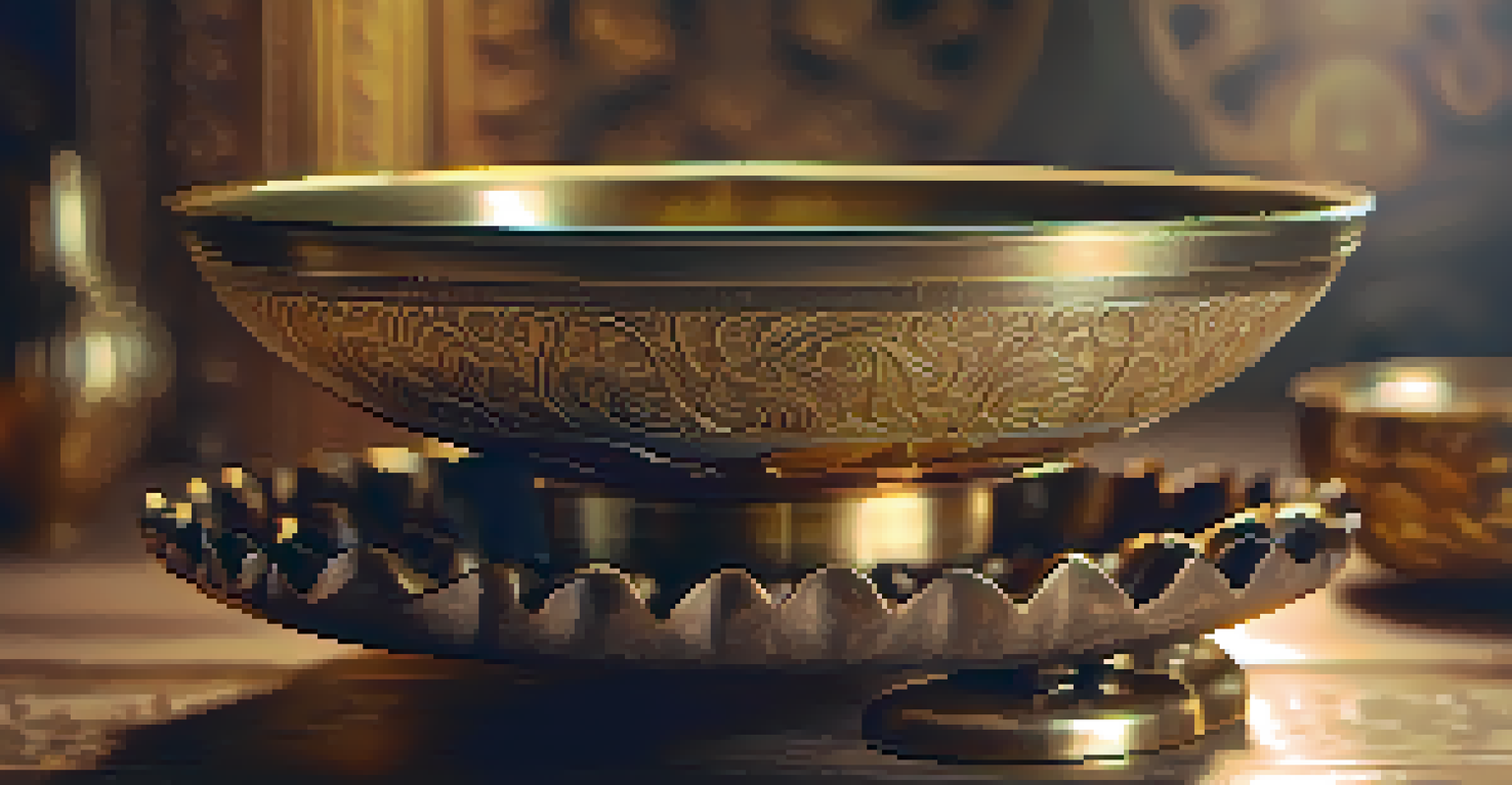 A close-up of a hand striking a brass singing bowl, with sound waves visible around it.