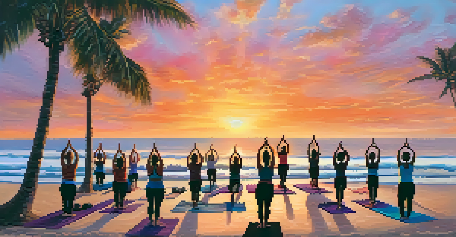 Participants practicing Vinyasa Yoga on a beach at sunrise with the ocean in the background.