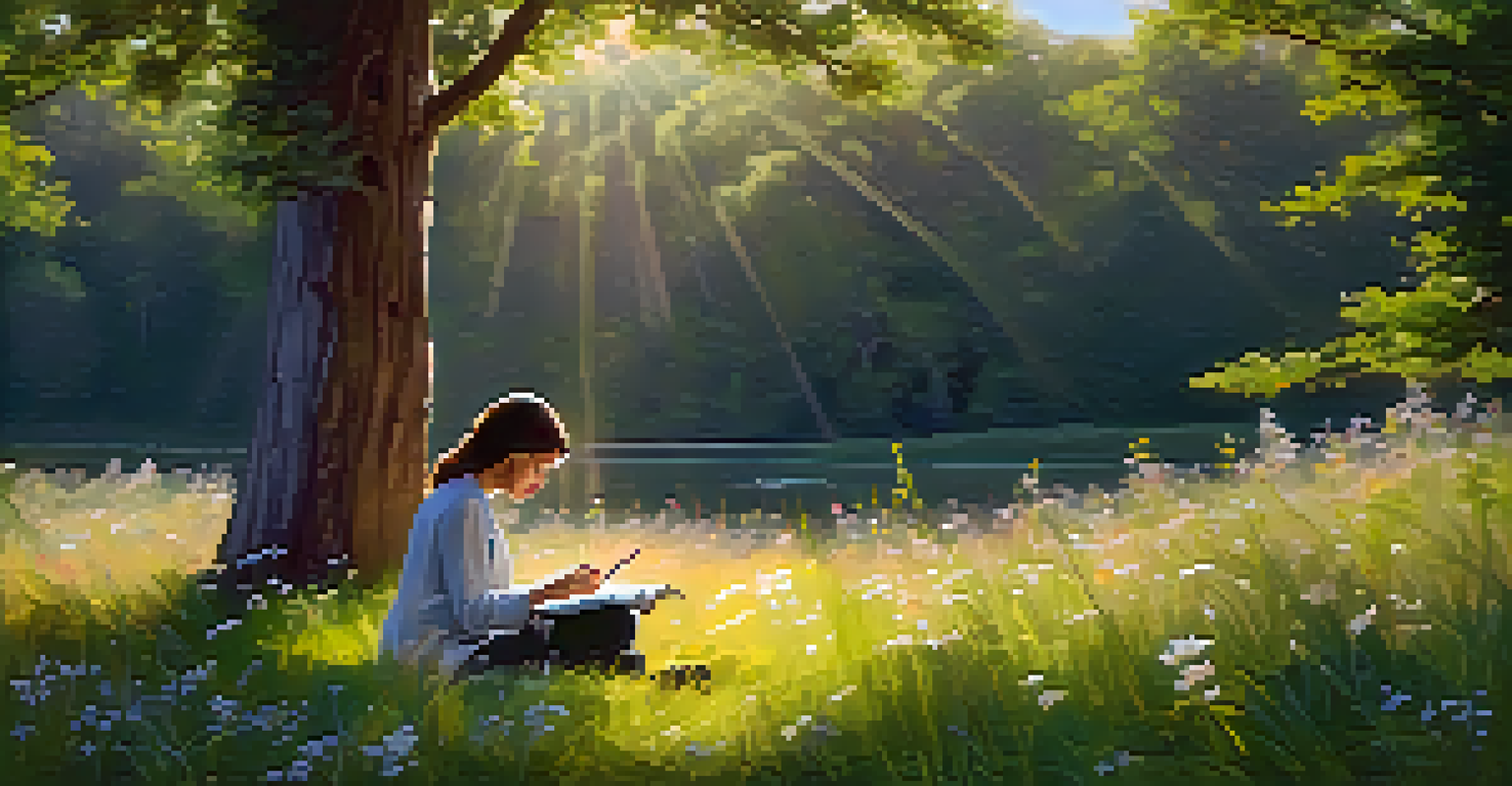 A person sitting on grass in a field, writing in a journal surrounded by flowers and sunlight filtering through trees, promoting reflection.