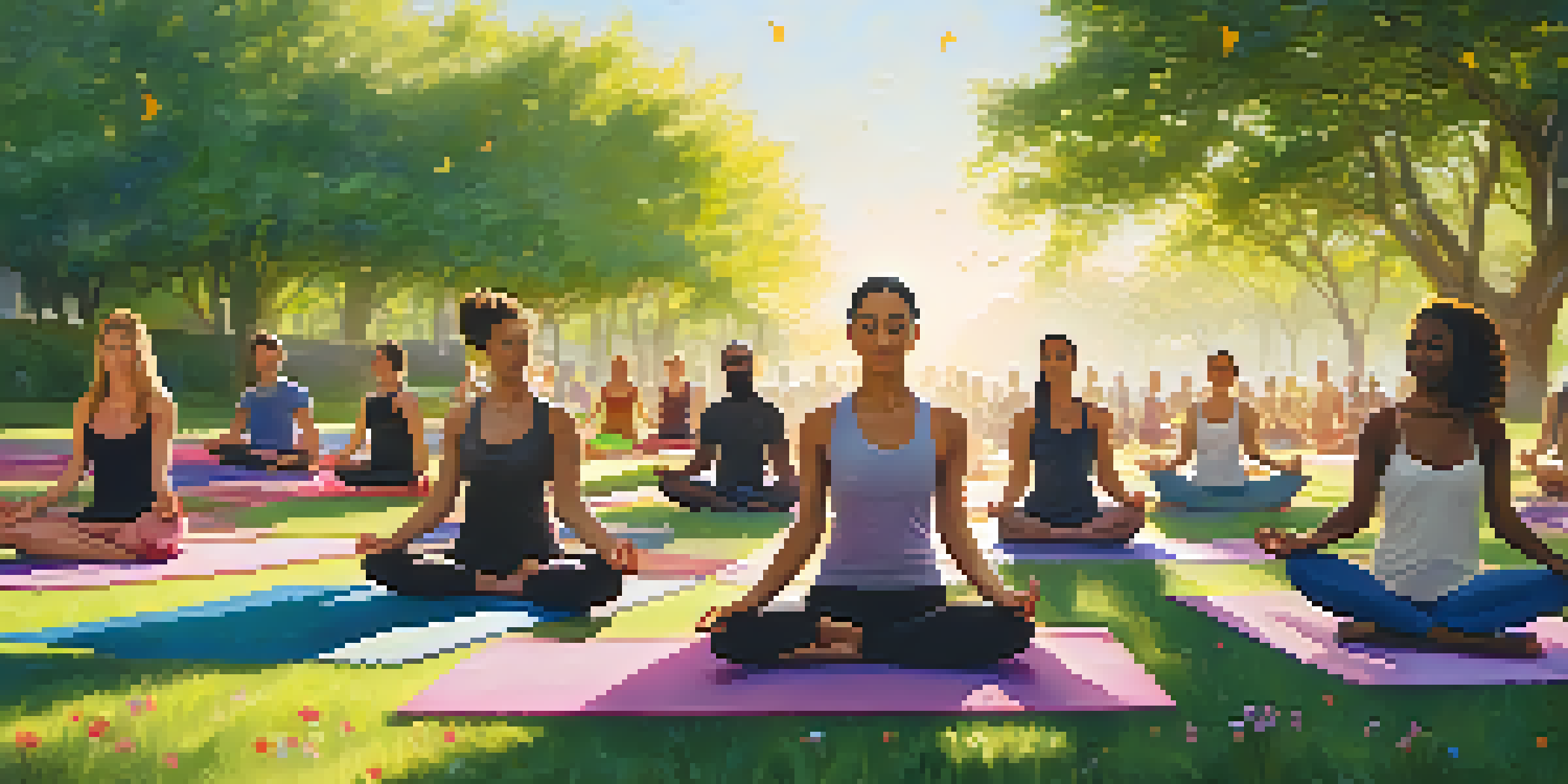 A peaceful outdoor yoga class with diverse participants practicing on colorful mats in a sunny park surrounded by greenery and flowers.