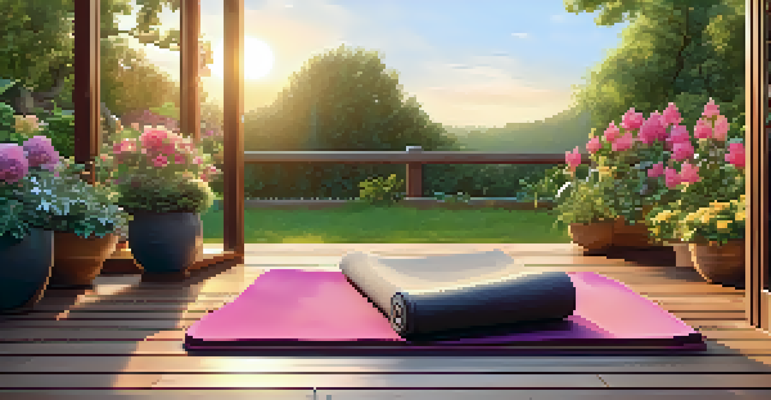 An outdoor yoga area in a garden with a yoga mat, cushions, and a sunset glow.