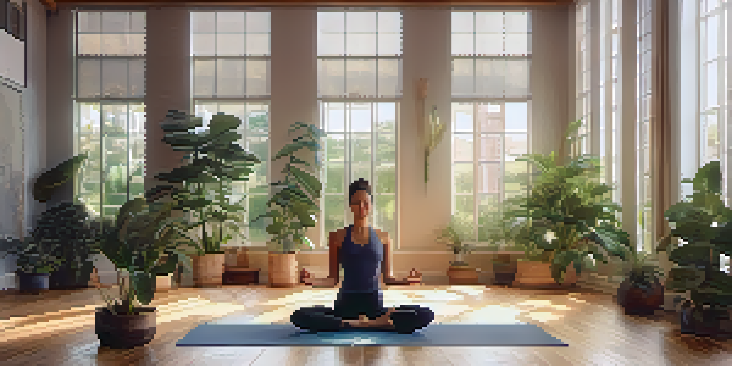 A serene yoga studio with a person practicing yoga on a mat, surrounded by natural light and indoor plants.