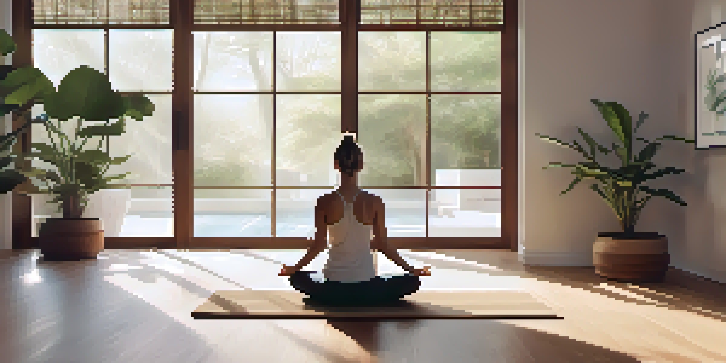 A peaceful yoga studio with a person meditating on a bamboo mat surrounded by plants and a water fountain.