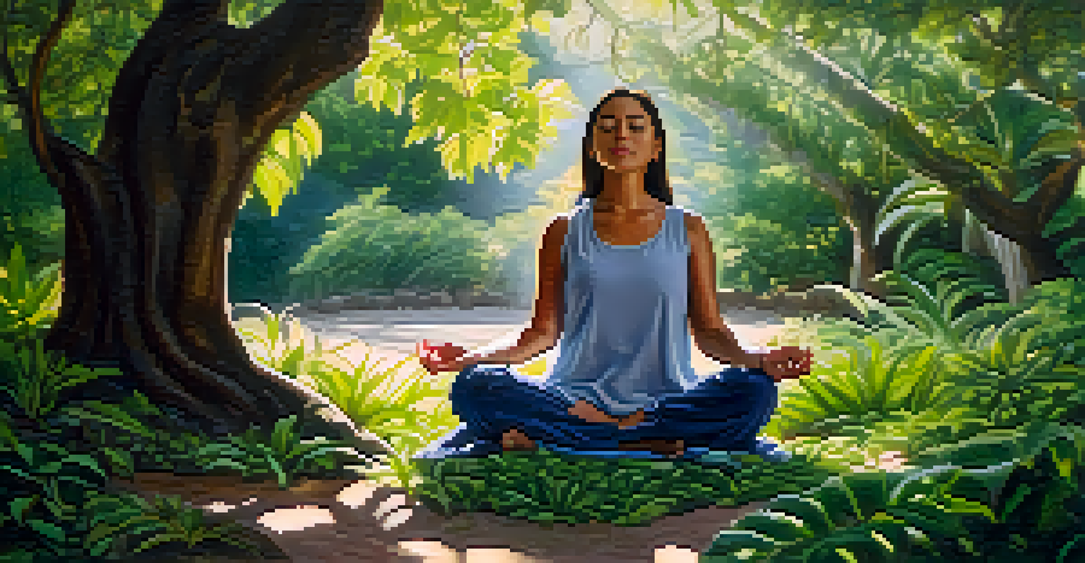 A person meditating in a lush green setting, with sunlight filtering through leaves, promoting a sense of peace and compassion.