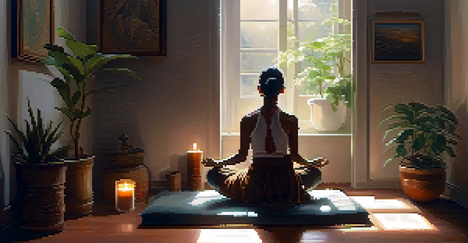 A person meditating cross-legged on a cushion, surrounded by candles and plants in a softly lit room.