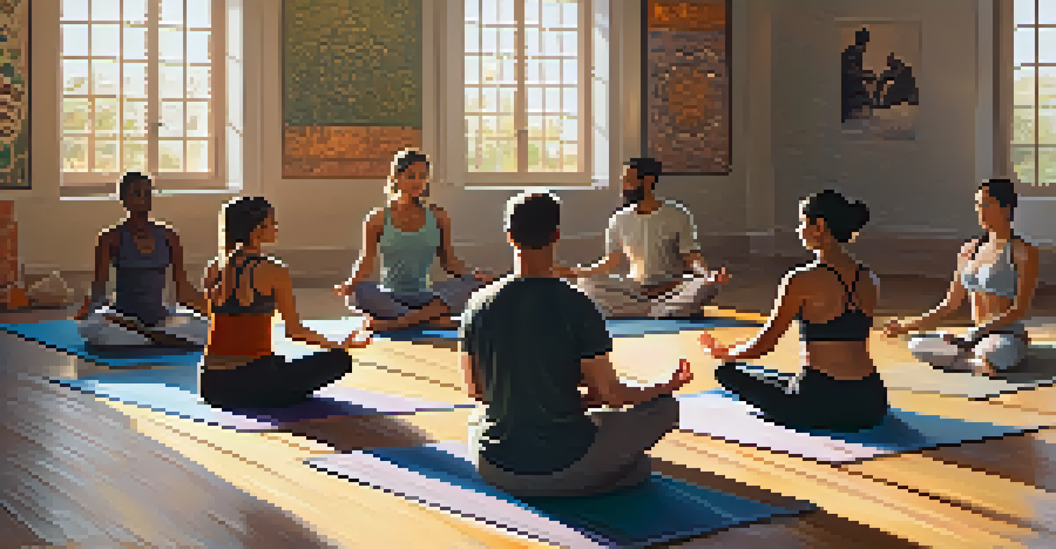 A cozy yoga studio with participants seated in a circle, sharing experiences amidst culturally inspired art and cushions.