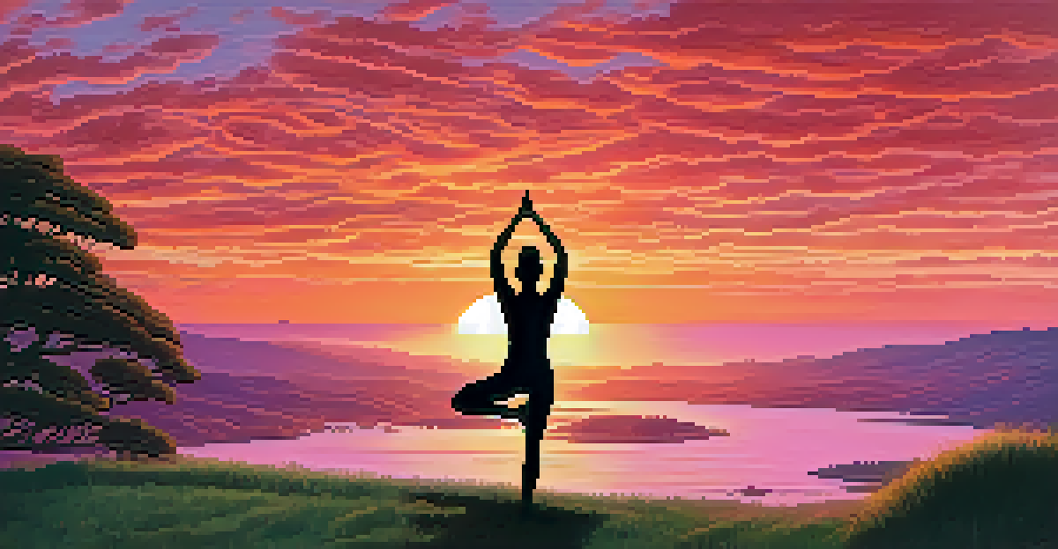 A person practicing yoga on a grassy hill during sunset, performing a heart-opening pose with a vibrant sky in the background.