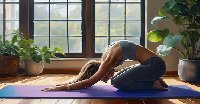 A woman practicing Child's Pose in a tranquil yoga studio, surrounded by plants and soft light, conveying peace and serenity.