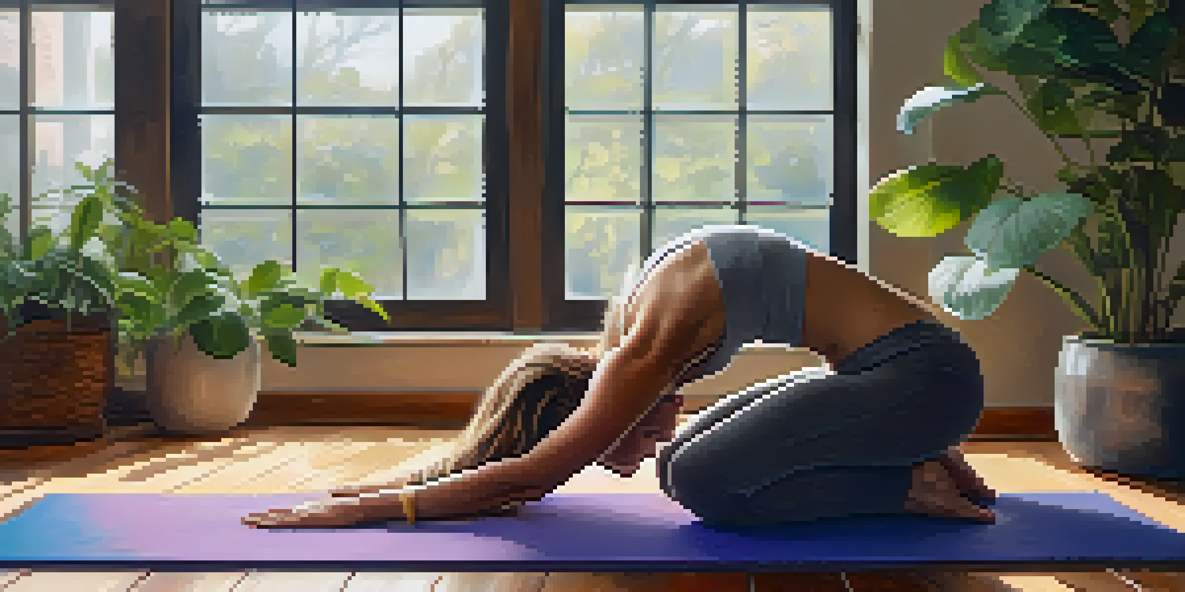 A woman practicing Child's Pose in a tranquil yoga studio, surrounded by plants and soft light, conveying peace and serenity.