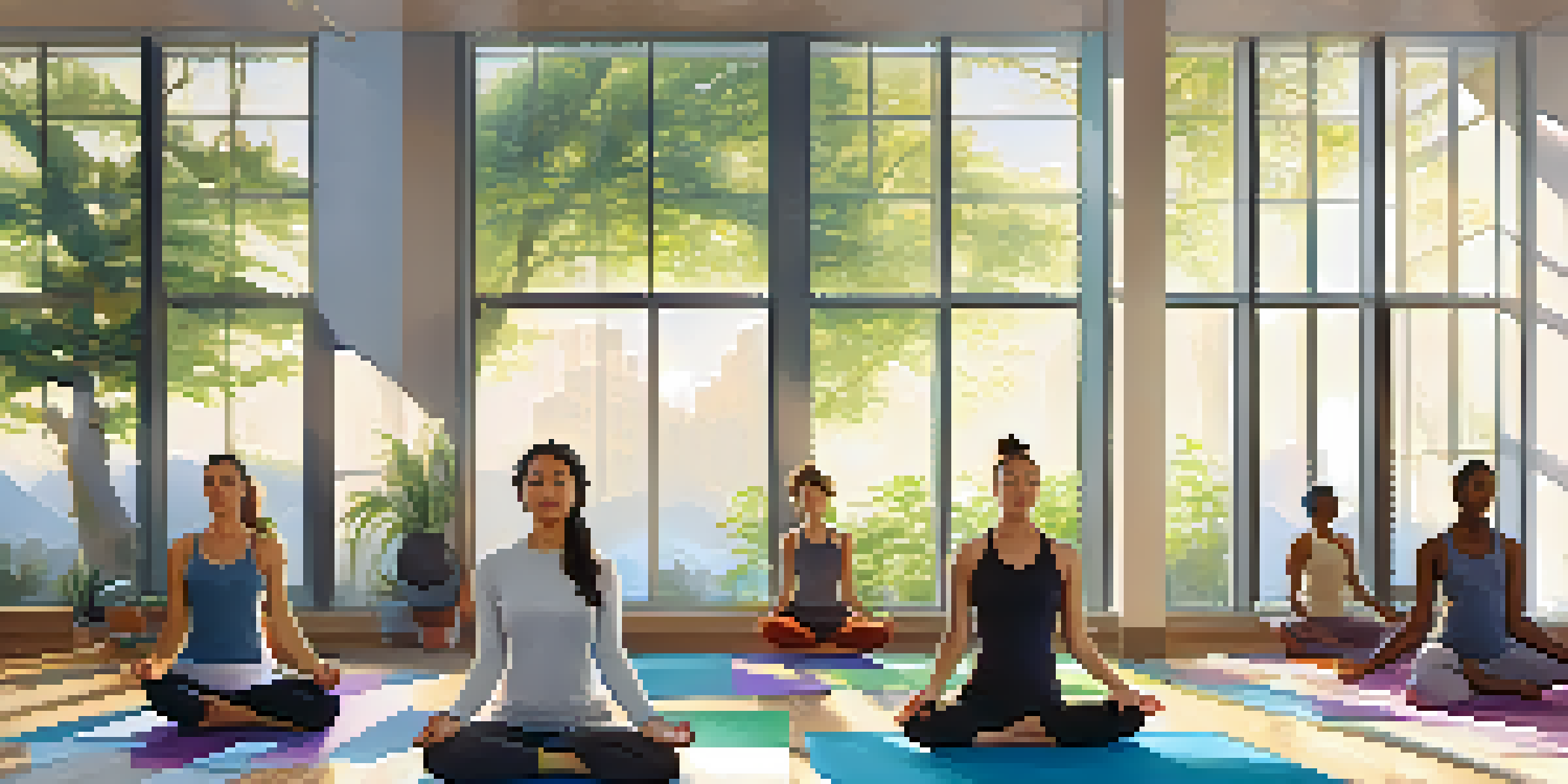 A diverse group of team members practicing yoga in a bright office space, with colorful mats and plants around them.
