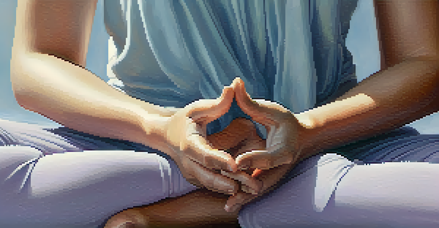 Close-up of a person's hands in a mudra position on their lap, set against a soft, calming backdrop of lavender and pale blue, symbolizing mindfulness.