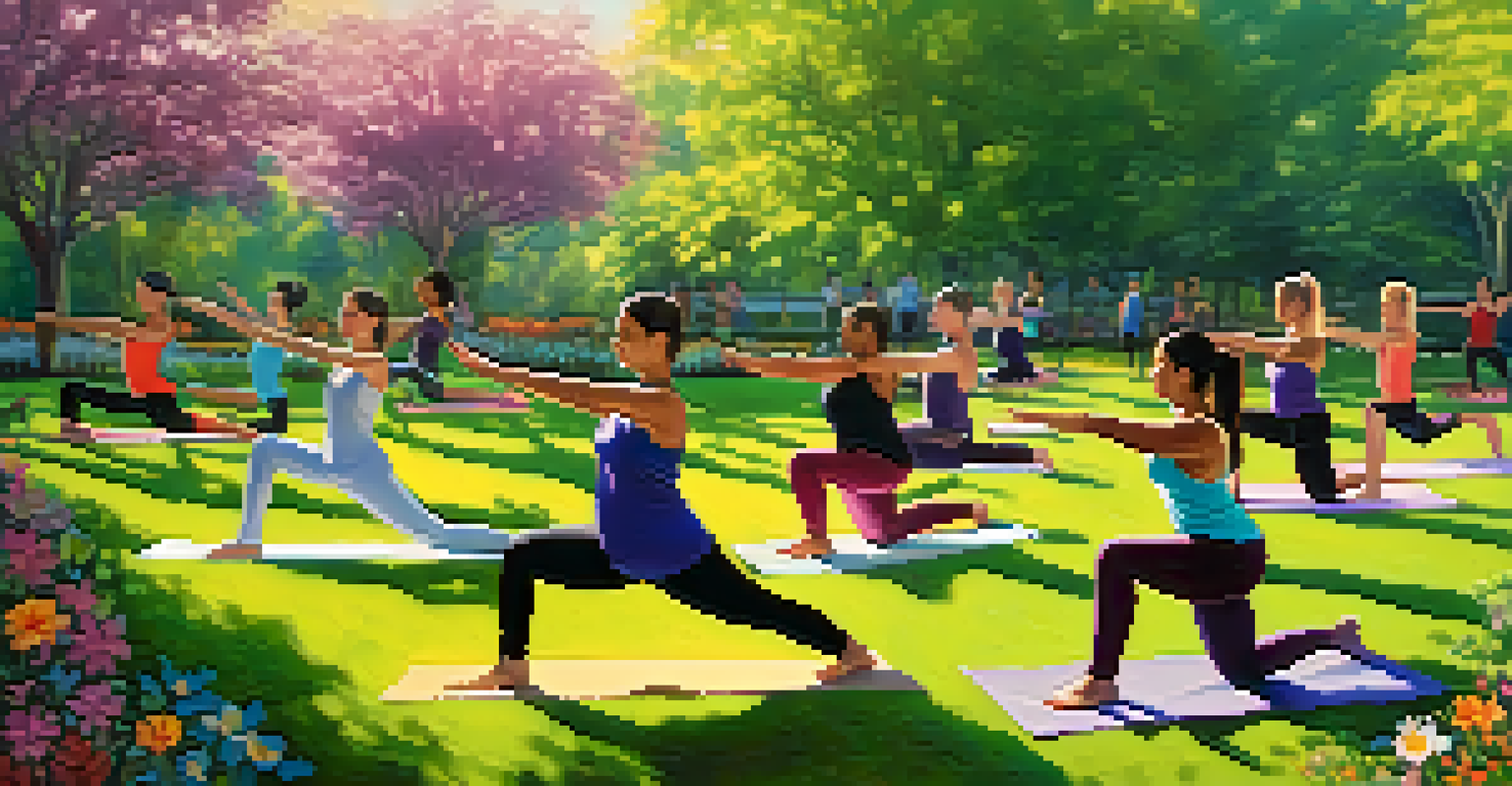 A group of people practicing yoga in a sunny park with greenery and flowers.