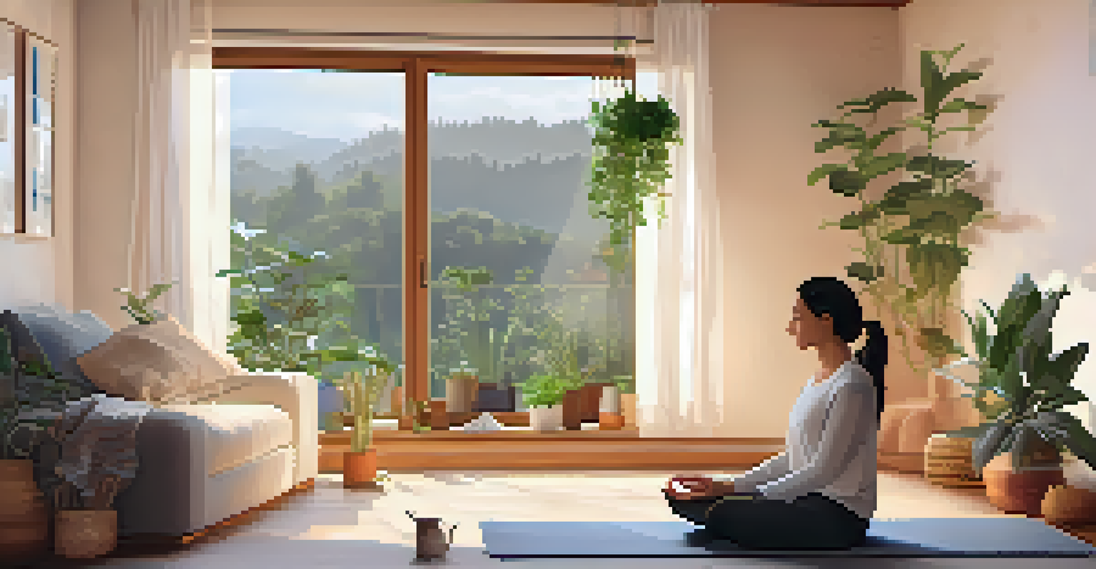 A person practicing yoga at home, seated in meditation on a mat, with a laptop showing a yoga session in a bright room.