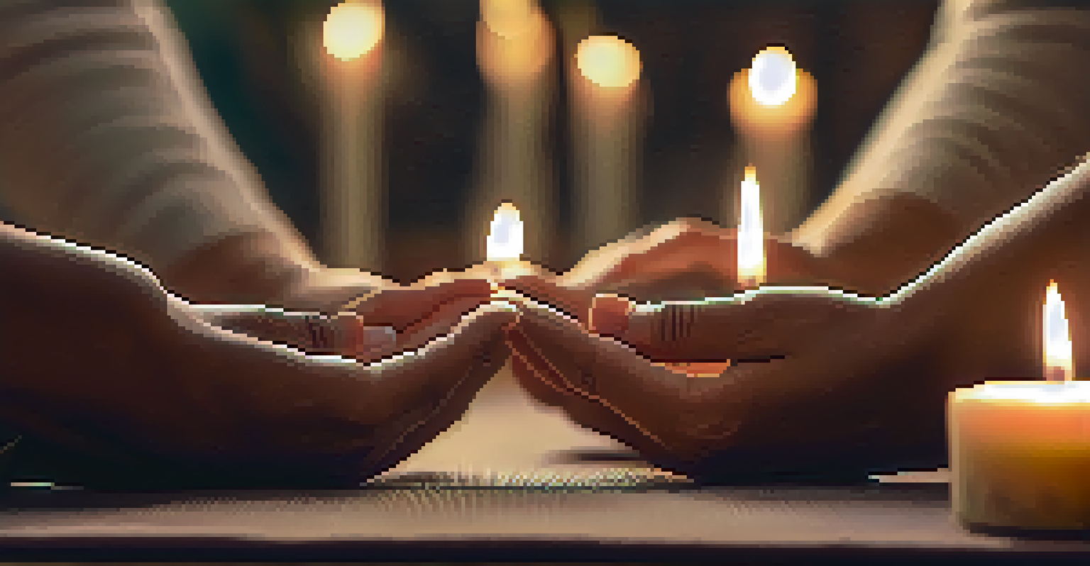 Close-up of hands in a meditative pose with candles and soft light around.