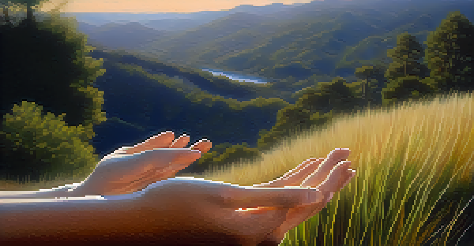 Close-up of hands in a mudra position against a blurred tranquil nature background, representing calmness and control through breath.