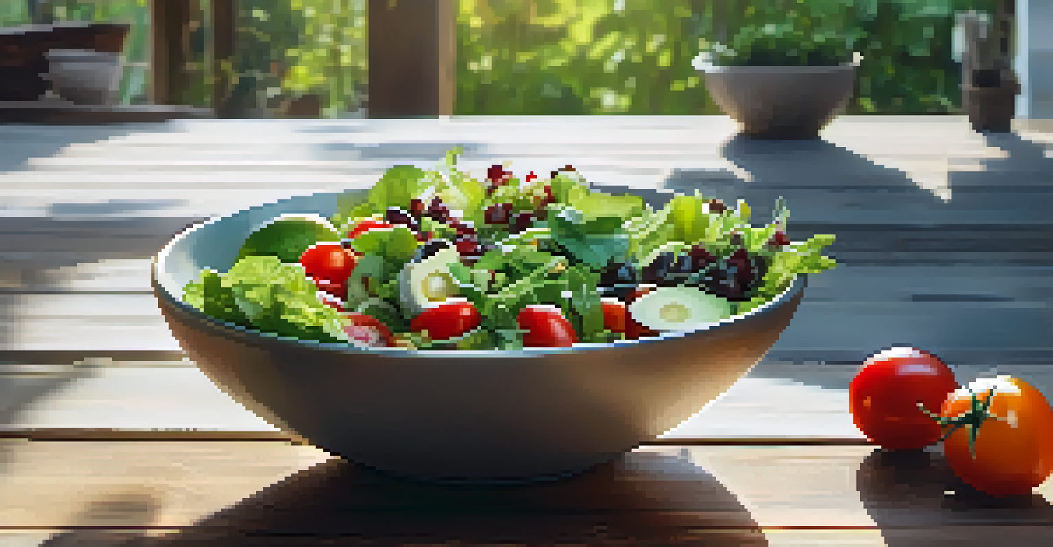 A vibrant salad bowl filled with fresh ingredients on a wooden table, with a person practicing yoga in the background.