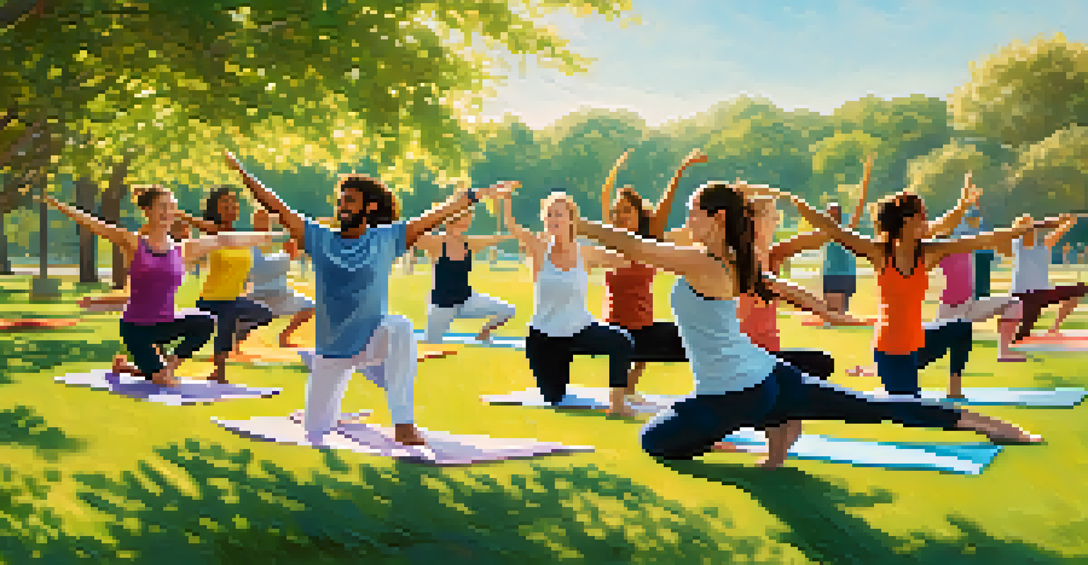 A group of friends practicing partner yoga in a lively park, surrounded by greenery and smiling joyfully.