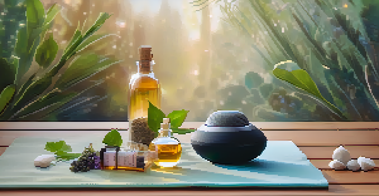 A close-up of a yoga mat with essential oils and crystals, representing a calm yoga environment.