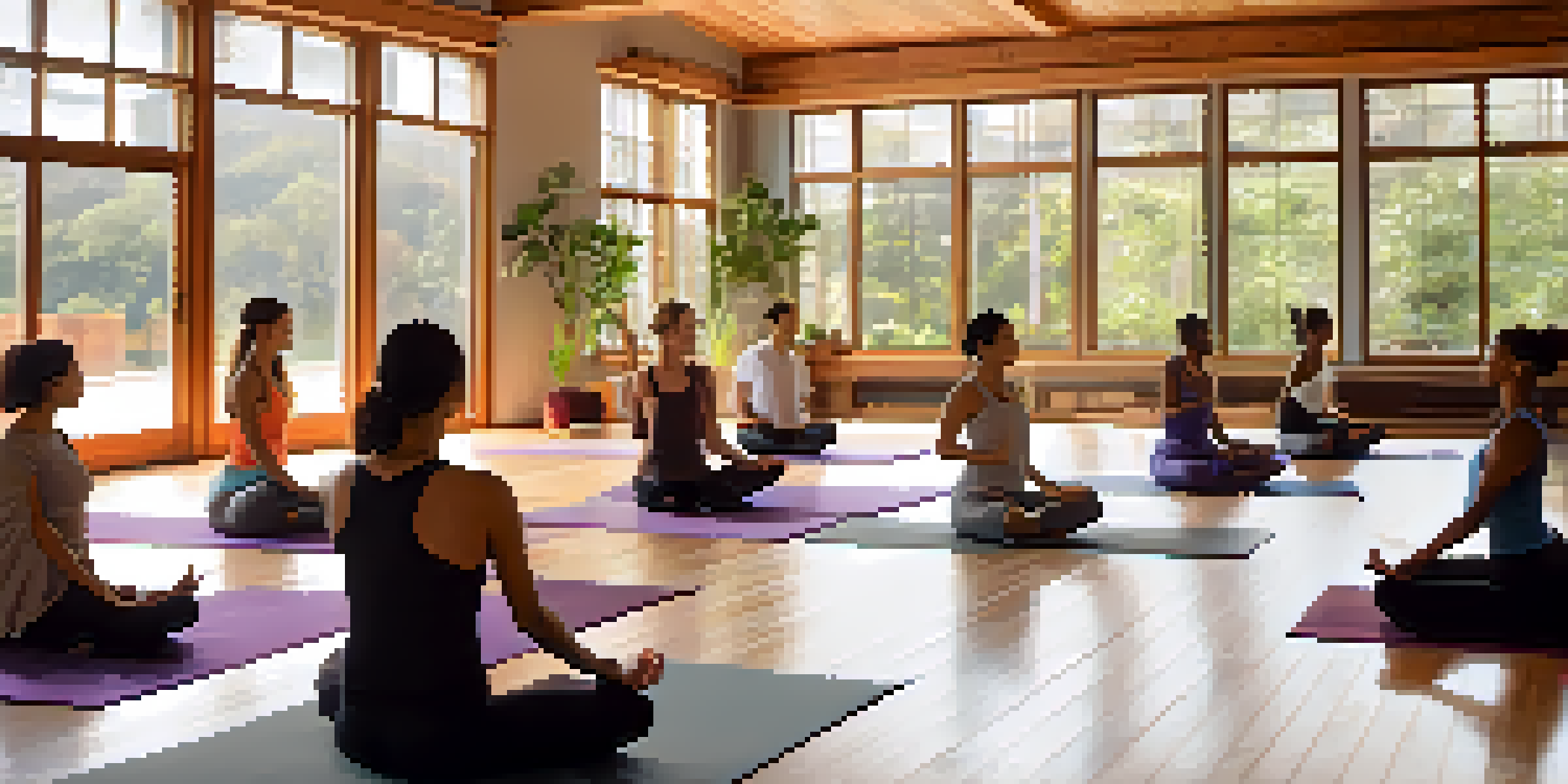 A yoga studio with people practicing Hatha Yoga, surrounded by natural light and plants, creating a calm atmosphere.