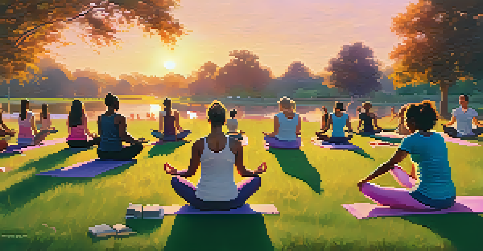An outdoor yoga class at sunset in a park, with participants in poses and a colorful sky above.