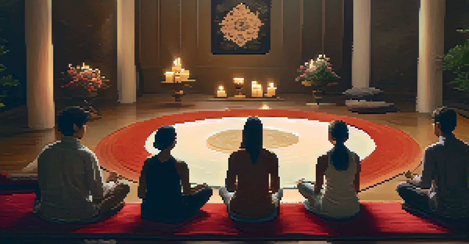 A group of people meditating together in a cozy indoor space, emphasizing connection and emotional growth.