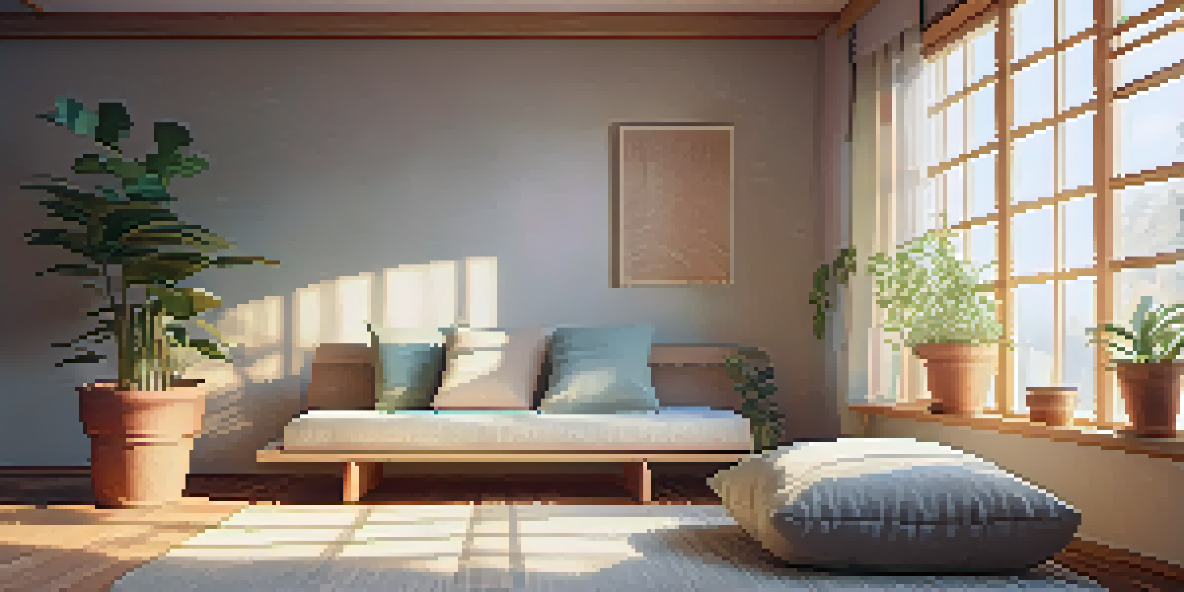 A cozy meditation space with a cushion on a rug, sunlight filtering through curtains, and a potted plant.