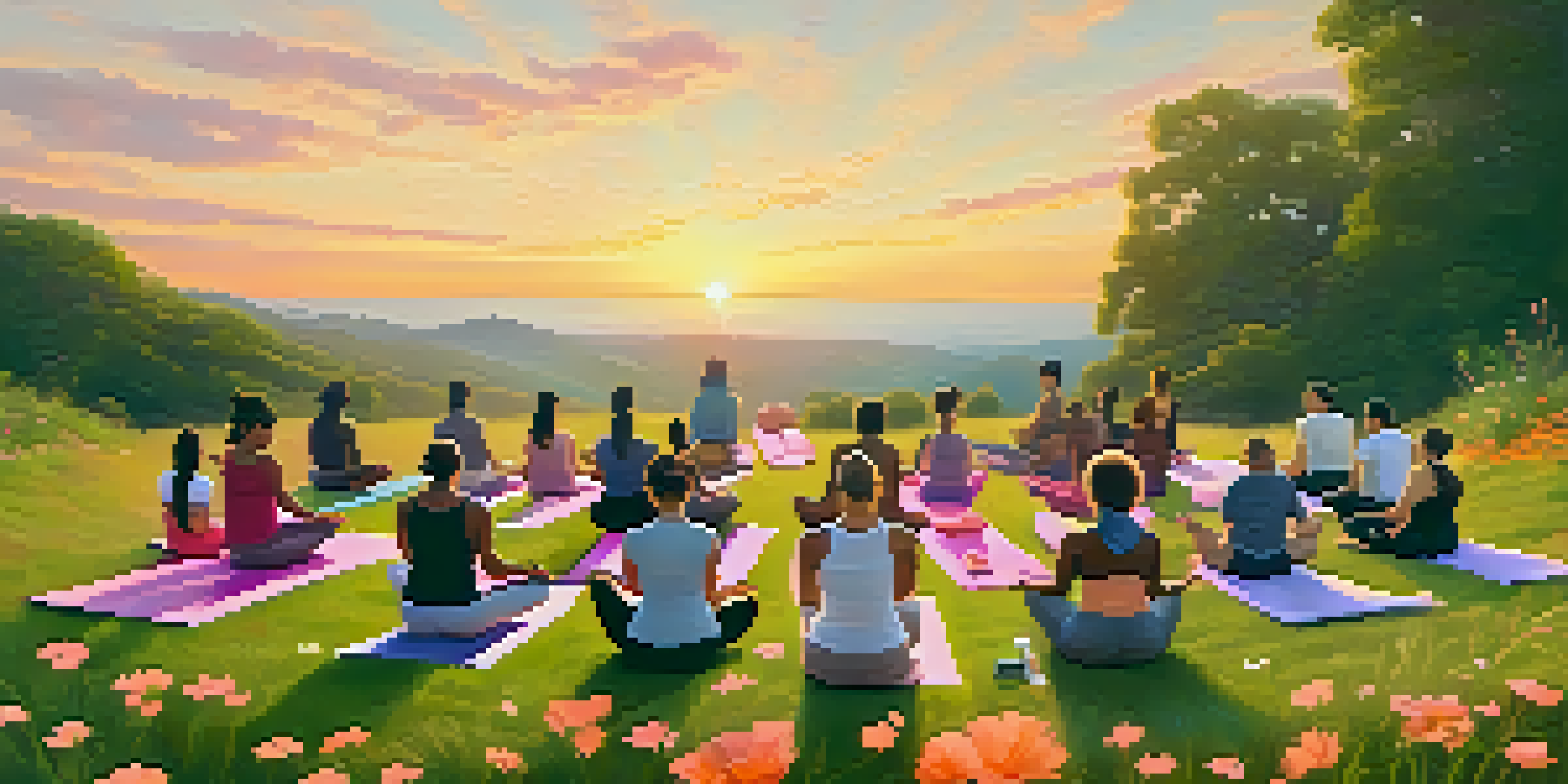 A group of diverse individuals practicing yoga on a grassy hill at sunrise, surrounded by greenery and wildflowers.