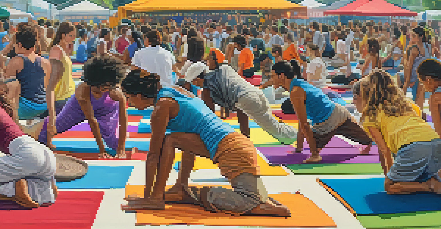 A lively community yoga festival with diverse participants practicing yoga and engaging in cultural activities.